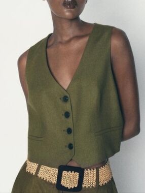 NWT ZARA Olive Green Tailored Linen Blend Vest 4 Button Size XS